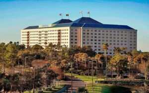 aerial view of high rise hotel amid trees at renaissance orlando at seaworld