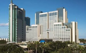 aerial view of high rise hotel with clear sky at hyatt regency hotel orlando