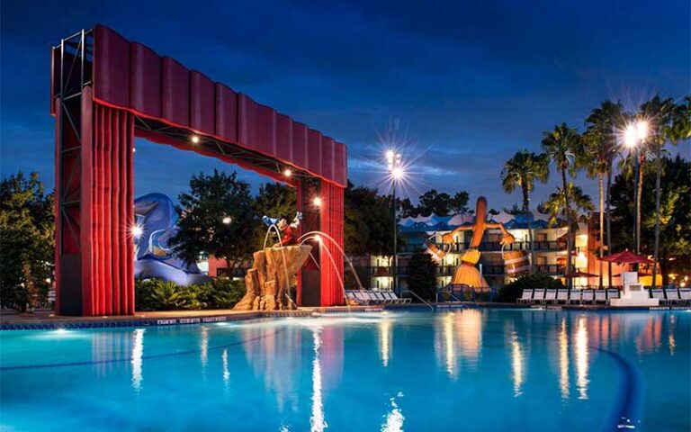 fantasia themed pool at night at all star movies resort walt disney world orlando