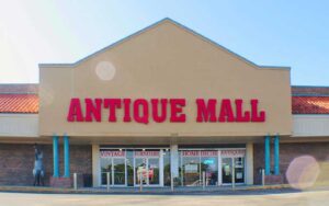 front exterior of department store with sign at lakeland antique mall