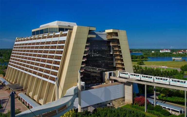 hotel with a frame shape and monorail line at contemporary resort walt disney world orlando