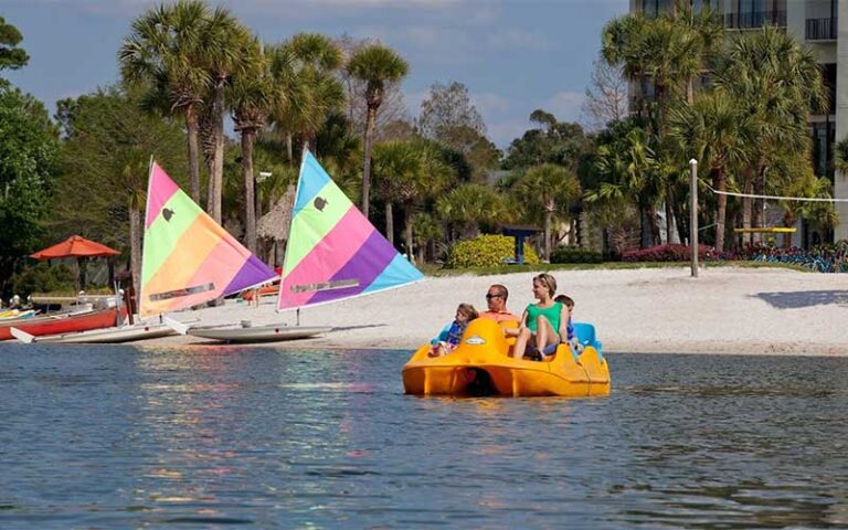 lakeside beach with sailboats and family in pedal boat at hyatt regency grand cypress resort orlando