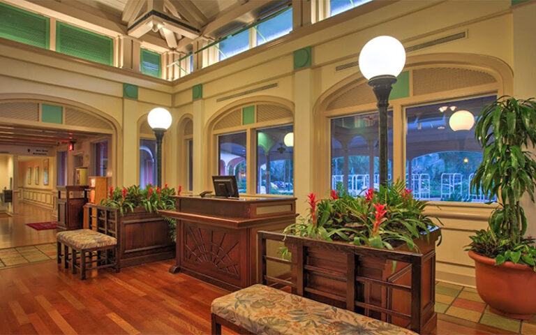 lobby of hotel with island theme at caribbean beach resort walt disney world orlando