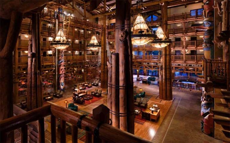 lobby of lodge from upper floor at wilderness lodge walt disney world resort orlando