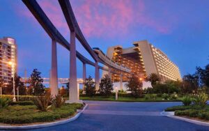 night view of hotel with monorail track overhead at contemporary resort walt disney world orlando