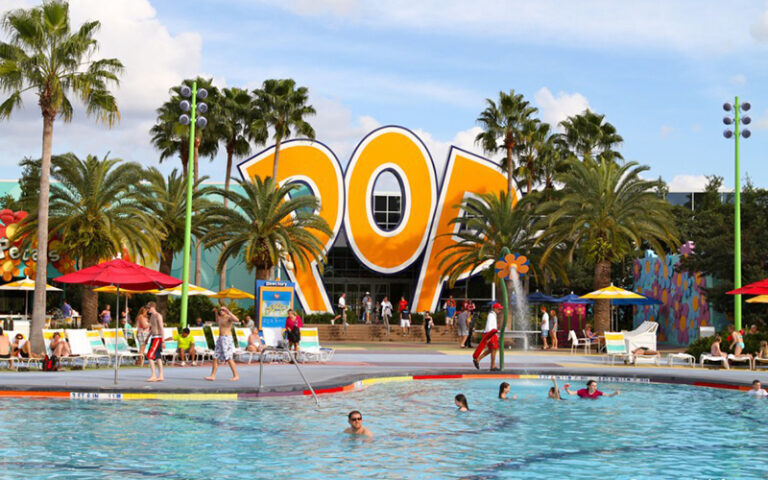 pool area with pop sign at pop century resort walt disney world orlando