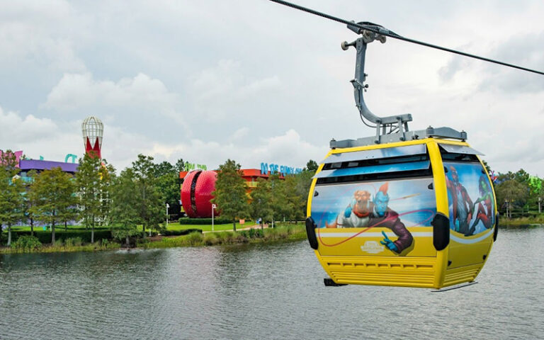 skyliner gondola cable car with hotel in background at pop century resort walt disney world orlando