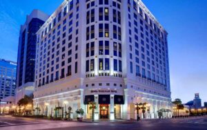 street view of hotel entrance at night at grand bohemian hotel orlando