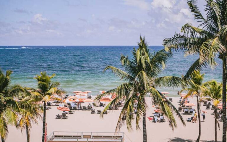 view from hotel of beach with loungers and striped umbrellas at b ocean resort fort lauderdale