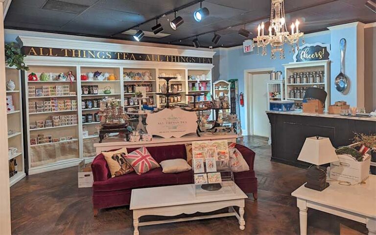 shopping area with shelves of tea products at rabbit creek market tallahassee