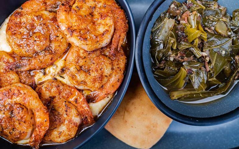 grilled shrimp and collard greens entree at the wicked wheel panama city beach