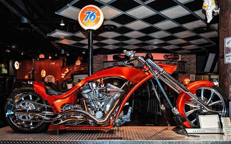 red chopper motorcycle on display in restaurant at the wicked wheel panama city beach