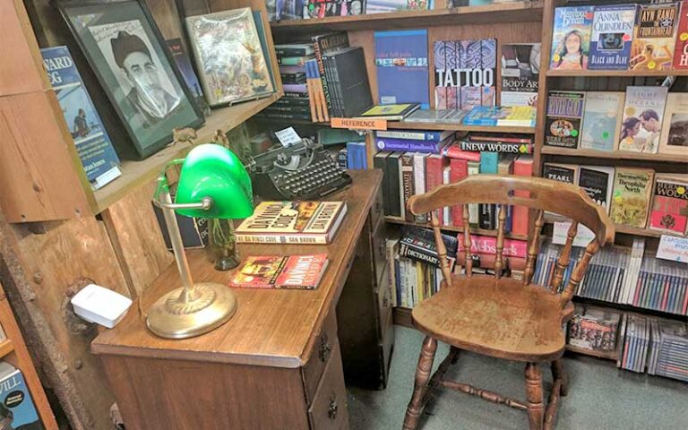 desk with lamp and typewriter in corner of bookshelves at key west island bookstore