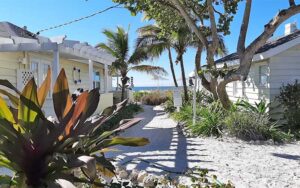 beach access between cottages with trees and porches at bungalow beach resort bradenton anna maria island