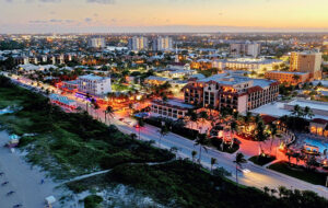 aerial dusk view of delray beach atlantic avenue with nightlife