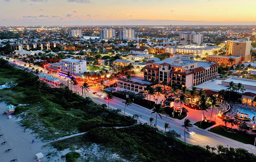aerial dusk view of delray beach atlantic avenue with nightlife