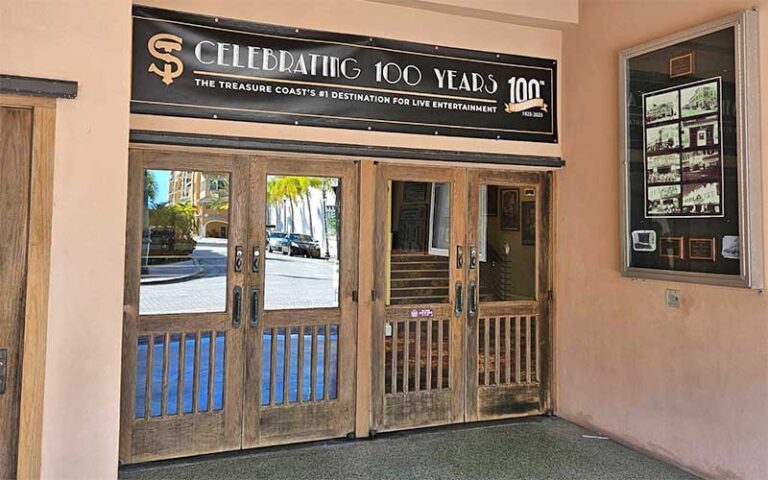 box office entrance with anniversary banner at sunrise theatre fort pierce