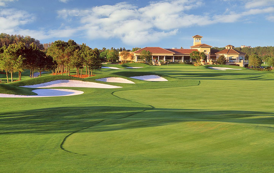eighteenth hole with clubhouse at falcons fire golf club kissimmee