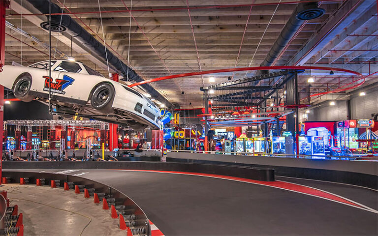 indoor kart track with suspended car and arcade at route 7 karting entertainment rockledge
