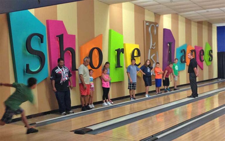 kids bowling class lined up along lane at shore lanes palm bay melbourne