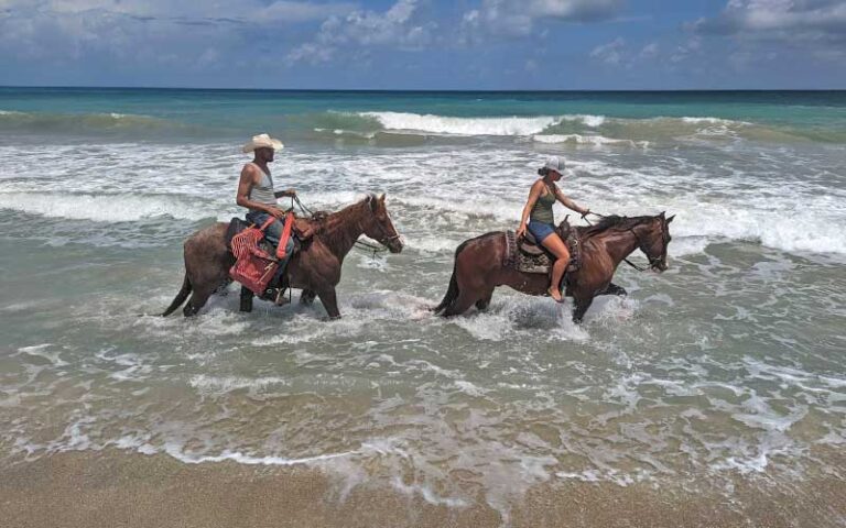 man and woman horseback wading through surf at tours on horseback fort pierce