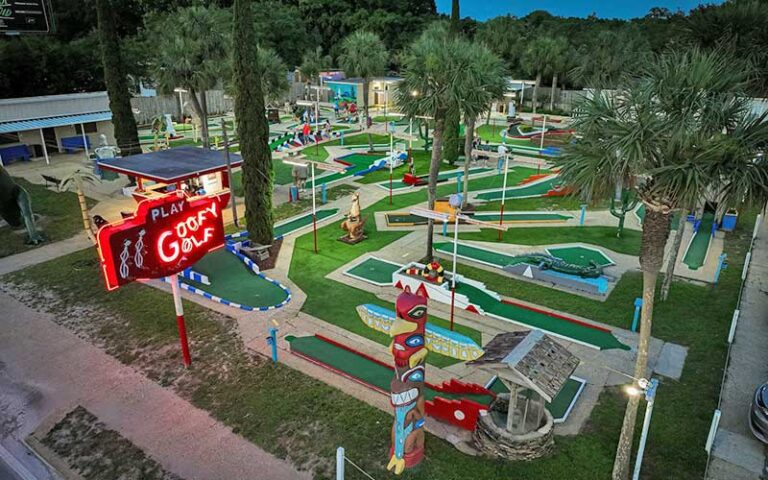 aerial view of lighted mini golf course at night at goofy golf fort walton beach