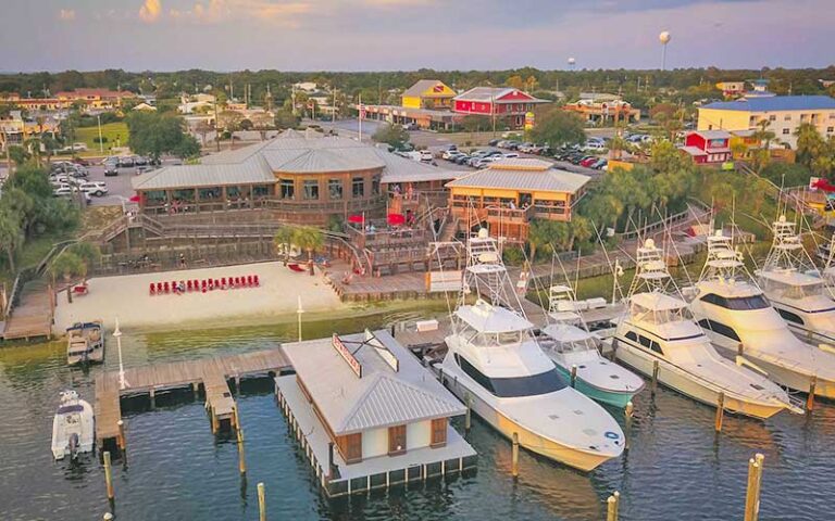 aerial view of marina restaurant at boshamps seafood oyster house destin