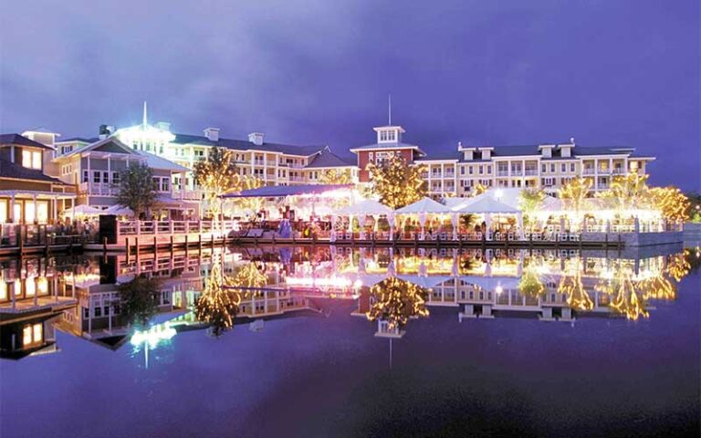 baytowne village skyline at night over lake at sandestin golf beach resort miramar beach