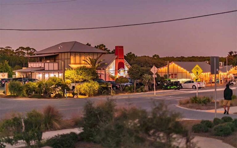 street view of restaurant lighted at night at stinkys fish camp santa rosa beach 30a