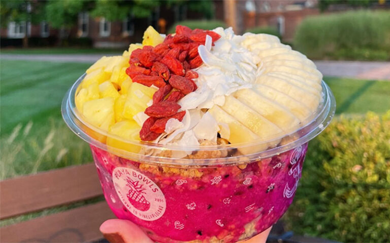 fruit bowl with bananas and whip in clear plastic at playa bowls dr phillips orlando