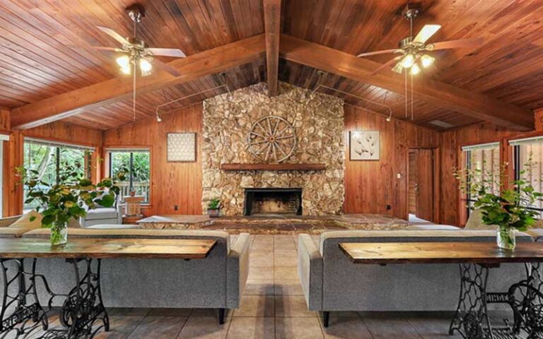 lodge interior with fireplace and rustic decor at rock springs guest ranch sorrento
