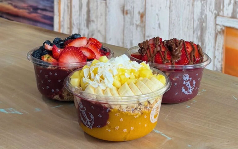 three fruit bowls on tabletop at playa bowls dr phillips orlando