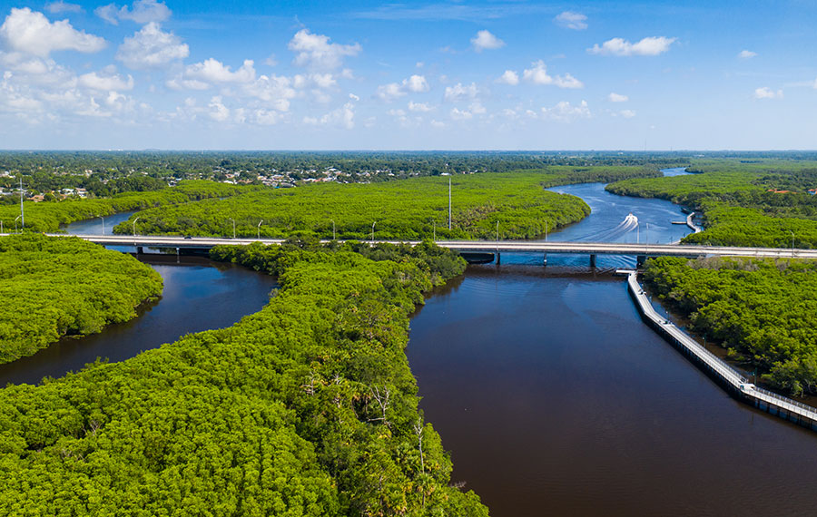 aerial view river with mangroves and bridge at port st lucie