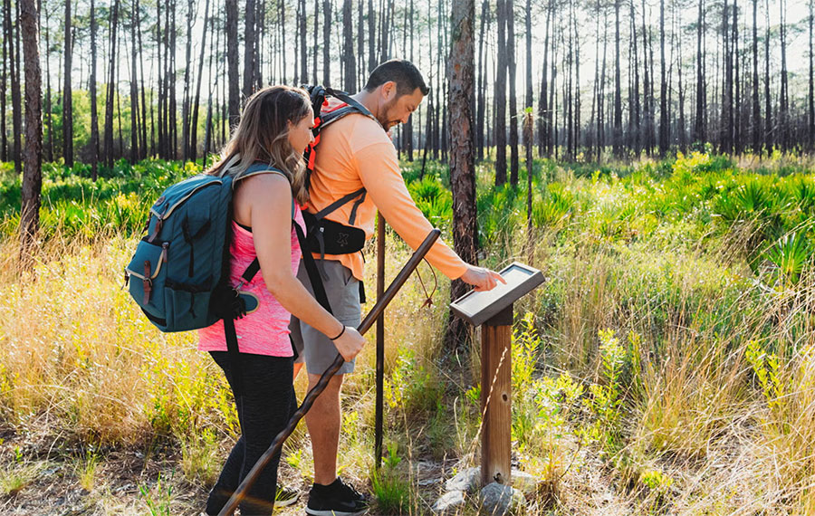 couple with hiking gear looking at sign in pine scrub wooded area grayton beach state park santa rosa beach 30a