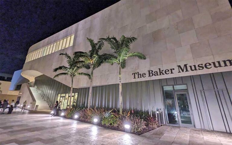 night exterior of museum with entrance the baker museum artis naples