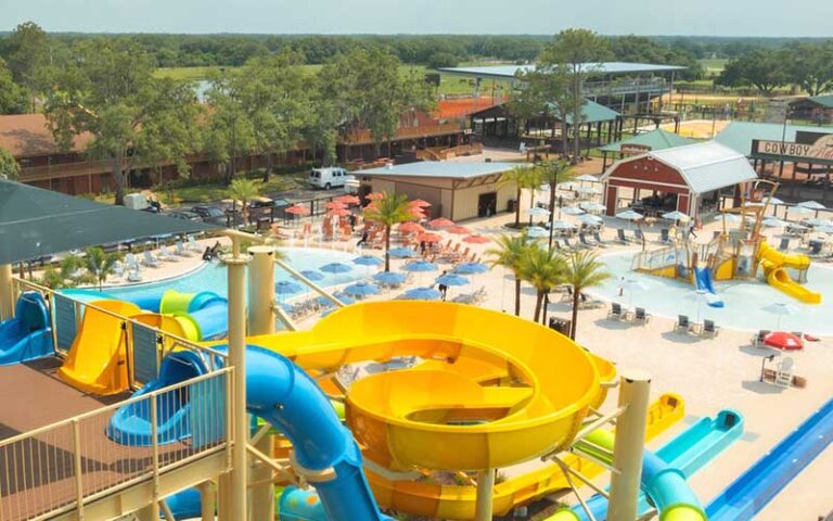 aerial view of water slides and splashpads at river country water park river ranch