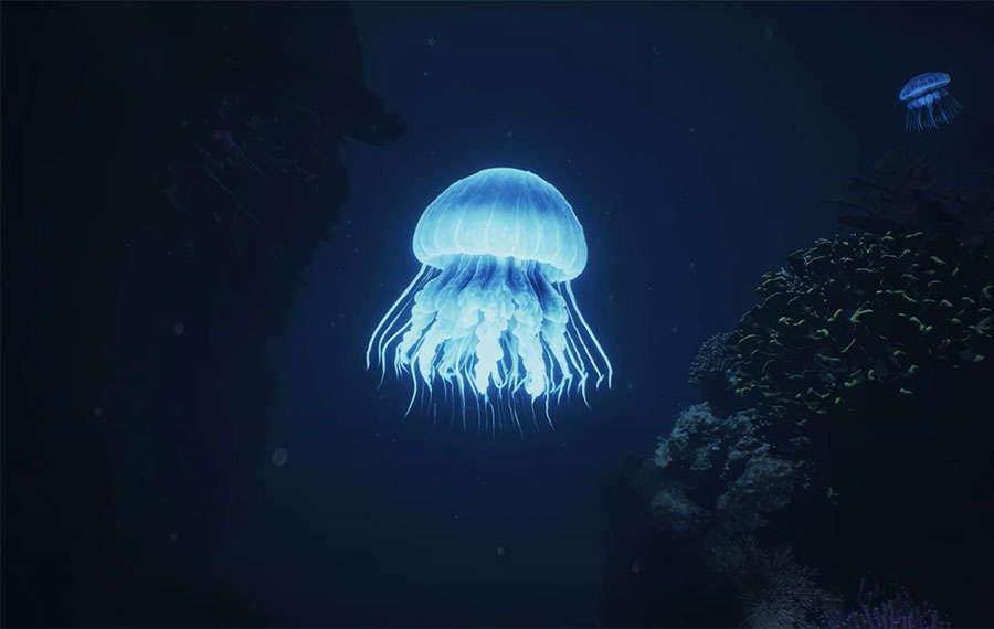 glowing jellyfish in dark ocean reef seaworld seaquest legends