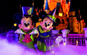 mickey and minnie in costumes with orange lighted castle at magic kingdom mickeys not so scary halloween party
