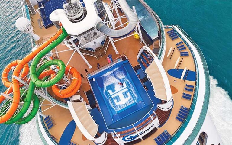aerial over ship deck with flowrider and slides royal caribbean port everglades fort lauderdale