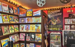 antique signs on shelves in retail space at great texas movie shop lake buena vista