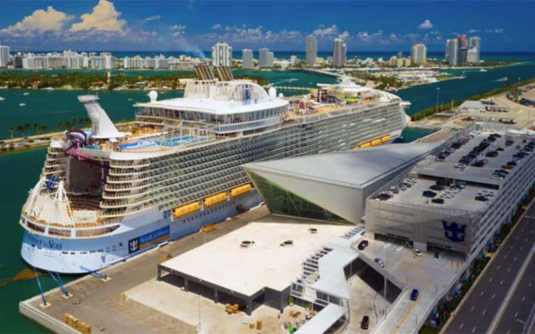 cruise terminal with ship docked royal caribbean port miami