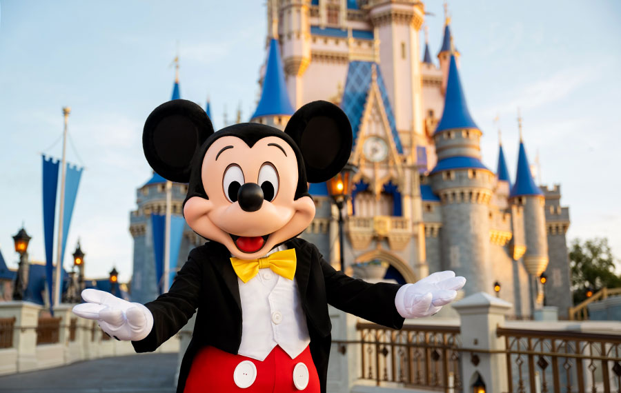 mickey mouse costumed character with cinderella castle at disney world