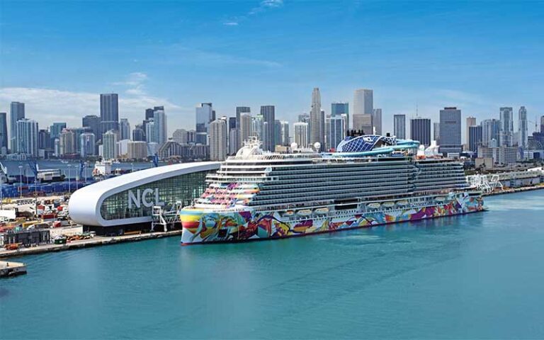 ship aqua at port terminal with skyline norwegian cruise line port miami
