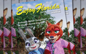 stacks of magazines with costumed characters of judy and nick from zootopia at disneys animal kingdom for enjoy florida magazine cover