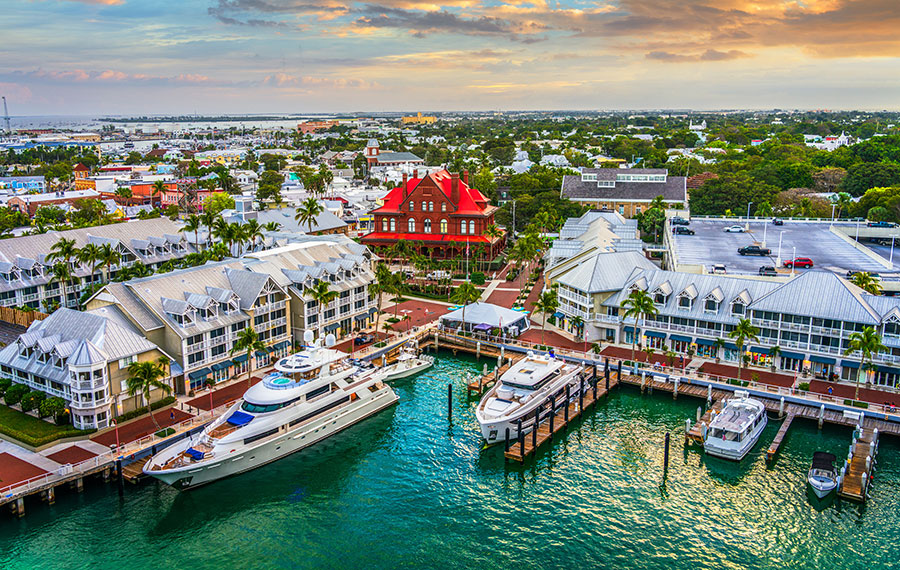 aerial over mallory square and customs house on duval street key west