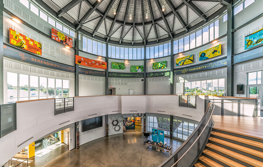 large atrium interior with dome and levels cade museum for creativity invention gainesville