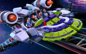 illustration of family riding lego style spaceship for galacticoaster at legoland florida resort