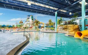slides and rides view from under covered roof at coco key water park orlando