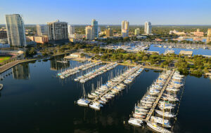 aerial view of downtown st petersburg with marinas full of sailboats